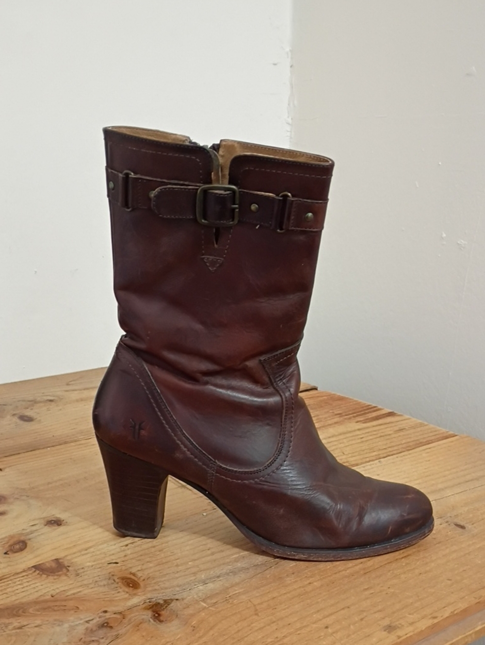 Frye Brown Genuine Leather Mid Calf Heeled Boots Size 9